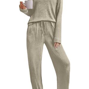 Women's Ribbed Lounge Set Long Sleeve Pajamas with Pockets